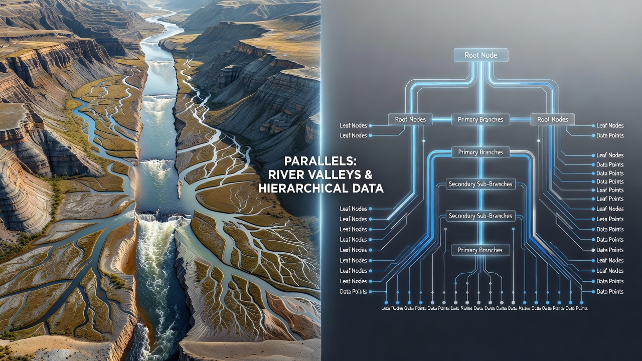 Diagram comparing river tributary networks with tree data structures highlighting root-to-leaf pathways and branching points