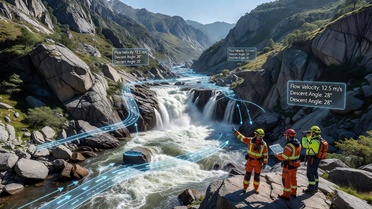 Field technicians installing monitoring equipment along a steep mountain stream to track water descent and sediment movement